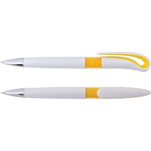 A promotional Hook Pen featuring a white body with yellow accents and chrome detailing. It has a unique hook design.