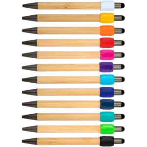 A collection of bamboo pens in various colours with black tips, arranged neatly in two rows. Each pen features a different colour accent.