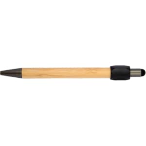 A bamboo pen with a black tip and cap, featuring a logo.