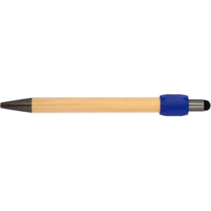 A pen with a bamboo barrel and a blue rubber grip, featuring a logo on the barrel.