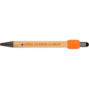 A wooden pen with an orange rubber grip and a stylus tip, featuring branding.