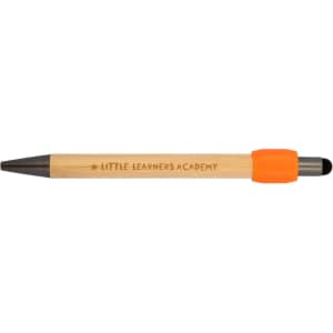 A bamboo pen with an orange grip and black tip, featuring a logo on the barrel.