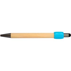 A bamboo pen with a blue grip and a black tip, featuring a logo on the barrel.