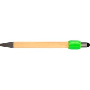 A bamboo pen with a black tip and a bright green ergonomic grip, featuring a logo.