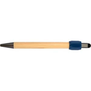 A bamboo pen with a blue rubber grip and a black ink tip, featuring a logo on the barrel.