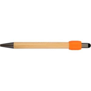 A bamboo pen with an orange grip and black tip, featuring a logo on the side.