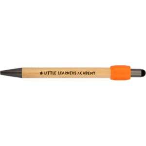 A bamboo pen with an orange grip and black nib, featuring a logo on the side.