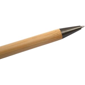 A bamboo pen with a black tip, featuring a simple design and a branding logo on the side.
