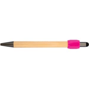 A bamboo pen with a black tip and bright pink grip, featuring a branding logo.