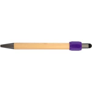 A bamboo pen featuring a purple accent and a stylus tip, with a sleek and minimalist design.