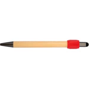 A Shark Spinner Pen featuring a wooden barrel, black tip, and a red cap. It has a logo on the design.