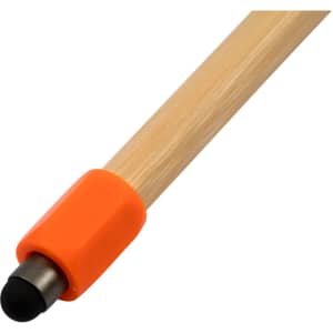 A close-up of a bamboo pen with an orange grip and a black stylus tip at one end. It features a logo.