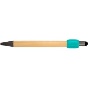 A bamboo pen with a turquoise grip and black tip. It features a logo on the barrel.