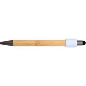A bamboo pen with a white grip and a black ink tip, featuring a stylus on the end.