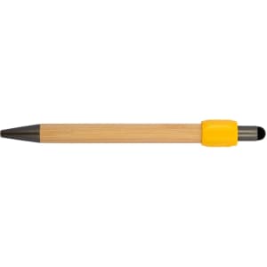 A pen with a bamboo body and a yellow rubber grip, featuring a black writing tip and a stylus end.