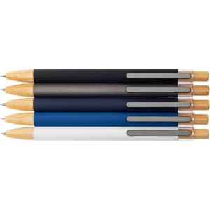 A collection of Serenity Aluminium Pens in black, grey, navy blue, and white, featuring wooden accents.