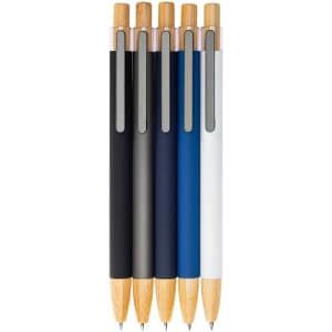 A set of five metal pens in black, grey, blue, and white, featuring bamboo accents and a logo.