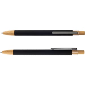 A black metal pen with wooden accents, featuring a silver clip and a sleek design. Includes a branded logo.