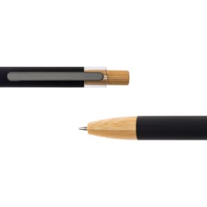 A black metal pen with bamboo accents, featuring a clip and a pointed tip. It includes a logo.