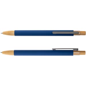 A set of blue metal pens with bamboo accents and silver clips. Each pen features a different design.