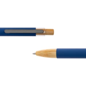 A blue metal pen with a bamboo accent and a silver clip. The pen features a smooth, streamlined design.