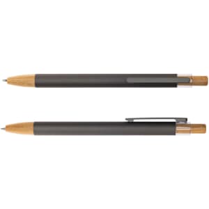 A metal pen with a dark gray barrel and bamboo accents, featuring a clip and a clear section. It includes a logo.
