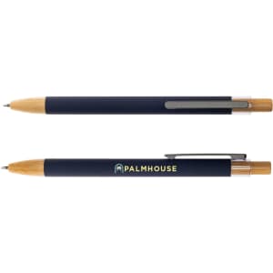 A metal pen featuring a navy body and wooden accents, with a clip and branding.