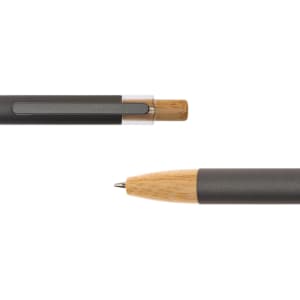 A metal pen with a dark grey barrel and bamboo accents, featuring a clip and a visible nib. The pen has a logo.
