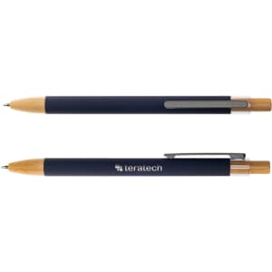 A metal pen with a dark blue body and wooden accents, featuring a clip and branding.