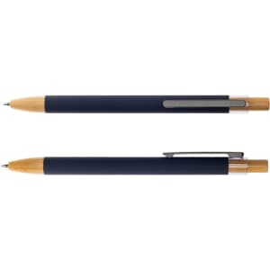 A set of two ergonomic metal pens, featuring a blue body and bamboo accents, with clips for easy carrying.