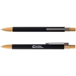 A metal pen featuring a black body and wooden accents, equipped with a clip and logo branding.