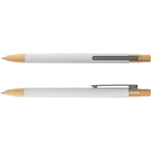 A set of two aluminium pens with a white body and gold accents, featuring a clip and a logo.