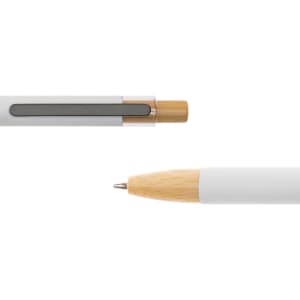 A metal pen with a white body and a bamboo tip, featuring a contrasting clip. It has a logo on the clip area.