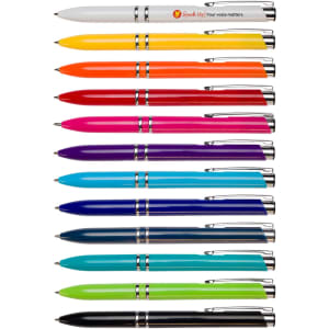 A collection of vibrant pens in various colours including orange, pink, blue, and black, featuring a silver logo.