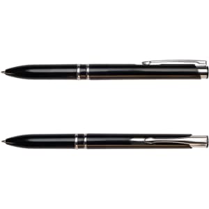 A black pen with silver accents, featuring a sleek design and a clip for easy attachment.