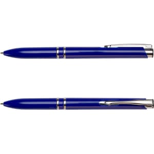 A blue pen with silver accents and a clip, featuring a sleek design and logo.