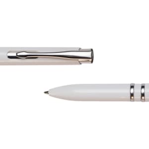 A pen in white with a metallic clip and accents, featuring a smooth tip and a sleek design.