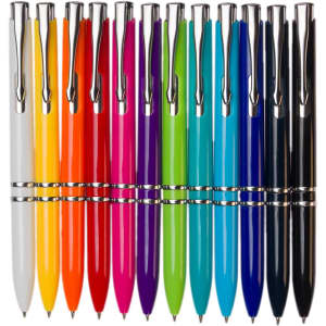 A collection of pens in various colours, including white, orange, yellow, pink, green, blue, and black, with silver accents.