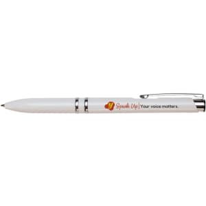 A white pen with silver accents and a logo, featuring a smooth design for easy handling.