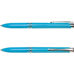 A turquoise pen made from recycled ABS plastic, featuring a metallic clip and trim.