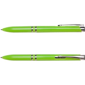 A green pen with a shiny finish and silver accents, featuring a clip and a logo.