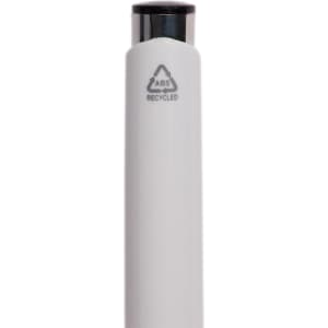 A white pen made from recycled ABS material, featuring a black top and a logo indicating it's recycled.