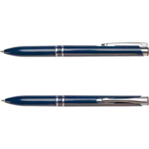 A navy blue pen with silver accents and a clip, featuring a sleek design and a branding logo.