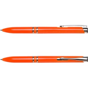An orange pen with silver accents and a clip, featuring a logo on the body.