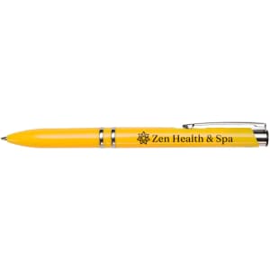 A yellow pen with a silver clip and a logo, featuring a sleek design and smooth finish.