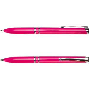 A bright pink recycled ABS pen with a chrome clip and trims, featuring a sleek design.