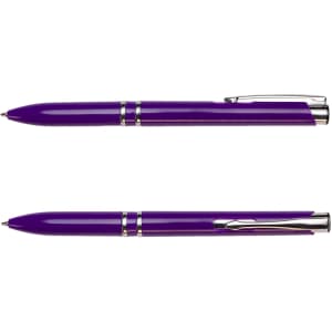 A purple pen with a shiny silver clip and accents, featuring a sleek design and a branding logo.
