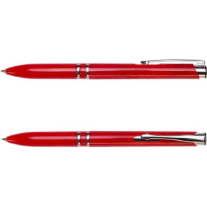 A red pen with a shiny finish and silver accents, featuring a clip and a smooth writing tip.