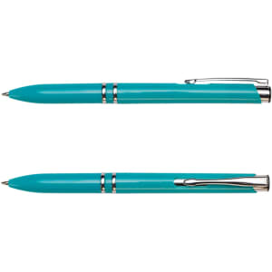 A turquoise recycled ABS pen with silver accents and a clip, displayed from two angles.