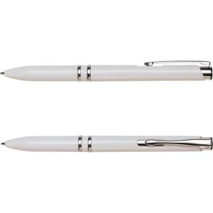 A white recycled ABS pen with chrome accents, featuring a clip and smooth finishes. It includes a logo.